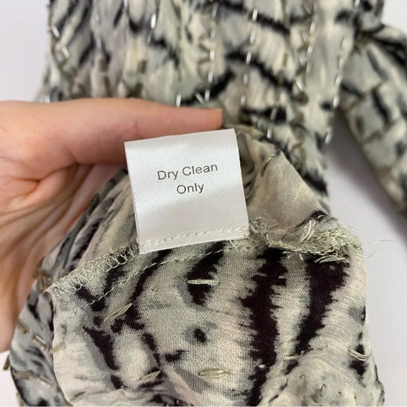 PARKER Animal Print Black Gray Beaded Long Sleeve SILK Sheer Top Women Sz Medium - Picture 14 of 16